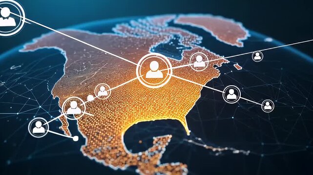 Global Network Connecting People Across North America With Digital Lines And Human Icons On A Glowing Earth Globe Background With A Dark Blue Backdrop