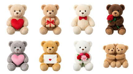 Fototapeta premium Teddy bear set including plush toys with heart, gift, bow, rose, envelope, and bouquet isolated. Valentine and holiday gift collection.