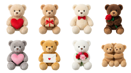 Teddy bear set including plush toys with heart, gift, bow, rose, envelope, and bouquet isolated. Valentine and holiday gift collection.