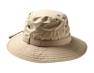 A neutral-toned outdoor hat with a wide brim, featuring a chin strap