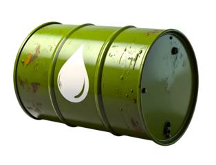 Olive green oil barrel with drop symbol isolated PNG, industrial container for petroleum products on transparent background