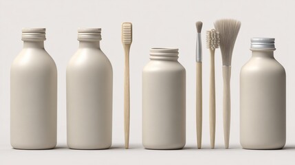 Beige bottles and grooming tools on white background, neutral-tone, studio lighting