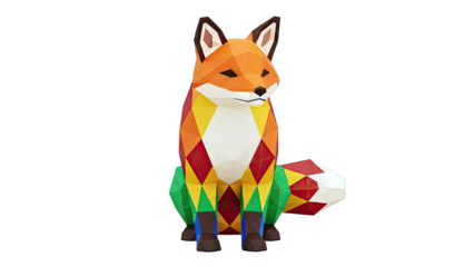 Low-poly papercraft fox sculpture with geometric colorful patterns