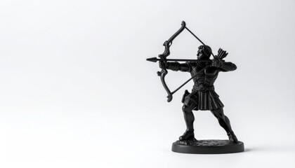 Monochrome Archer Toy Figure with Bow and Arrow on White.