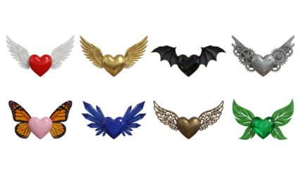 Winged heart set including feathered, golden, bat, gear, butterfly, crystal, filigree, and leaf styles isolated. Romantic fantasy icons and creative symbols.