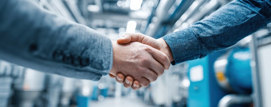 Two individuals shake hands in a modern industrial setting, symbolizing partnership and collaboration in a professional environment.