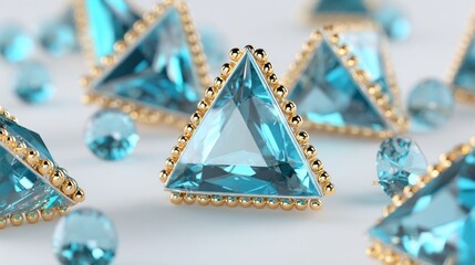 Close-up of shiny aquamarine gems set in gold-beaded triangle frames, scattered on white
