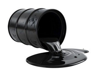 Metal barrel tipped over, spilling dark liquid onto surface, creating reflective puddle. scene conveys sense of industrial use and potential