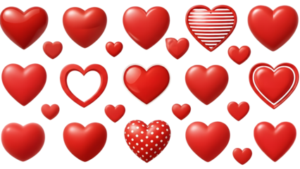 Set of red heart design elements isolated on a transparent background. Perfect for Valentine’s Day projects, romantic branding, greeting cards, invitations, stickers, and decorative design use.