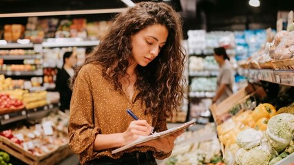 Woman writes grocery list in fresh produce aisle of supermarket focusing on healthy choices budgeting and mindful everyday shopping
