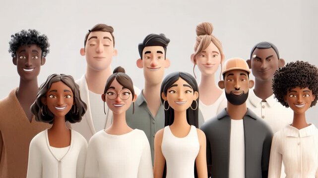 Group of diverse stylized people stands together smiling representing community teamwork inclusion and modern social connection concept