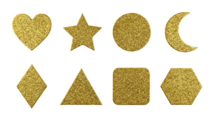 Gold glitter shape set including heart, star, circle, moon, diamond, triangle, square, and hexagon. Craft and holiday decoration elements.