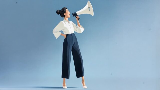 Confident woman with megaphone stands in minimal studio raising arm to share message representing leadership announcement and bold communication