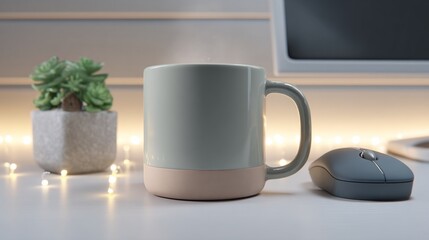 Cozy desktop scene mug with steam, succulent, mouse, and lights