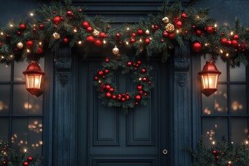 Festive holiday garland with red ornaments and glowing lanterns adorning a beautifully decorated front door in a charming neighborhood during the Christmas season