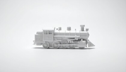 Monochrome miniature steam train model on white background.