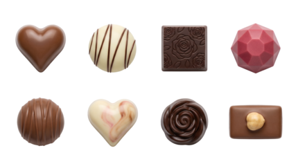 Assorted chocolate pralines set including dark, milk, and white chocolate hearts, roses, and geometric truffles isolated. Gourmet confectionery and dessert collection.