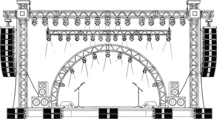 Stage lighting truss system with speakers microphones and spotlights