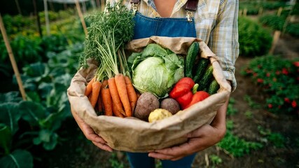 Person holds basket overflowing with garden vegetables in lush field representing organic farming healthy eating and sustainable lifestyle - Powered by Adobe