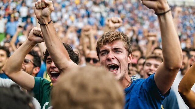 Group of football fans in stands cheer passionately with raised arms showing unity celebration and thrilling live sports atmosphere