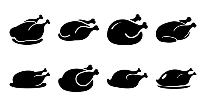 Set of eight black and white chicken silhouettes on an isolated background