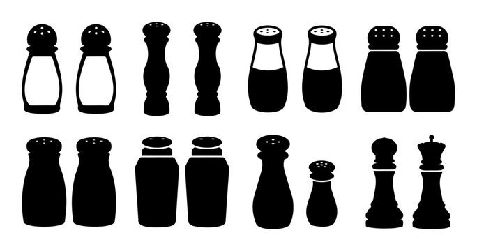 Black and white illustration of assorted salt and pepper shakers