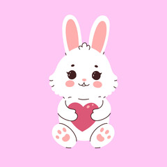 A cute white rabbit with a heart in its paws. Vector graphics.