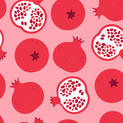 A simple seamless pattern with pomegranates and halves. Vector graphics.

