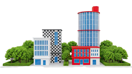 Stylized City Buildings with Trees and White Background