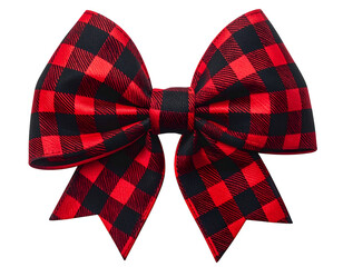 Close-up of a festive, plaid bow featuring red and black squares against a dark background