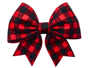 Close-up of a festive, plaid bow featuring red and black squares against a dark background