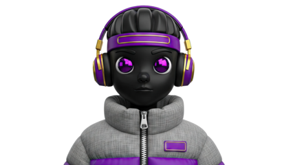 3D Character with Purple Headphones and Puffer Jacket