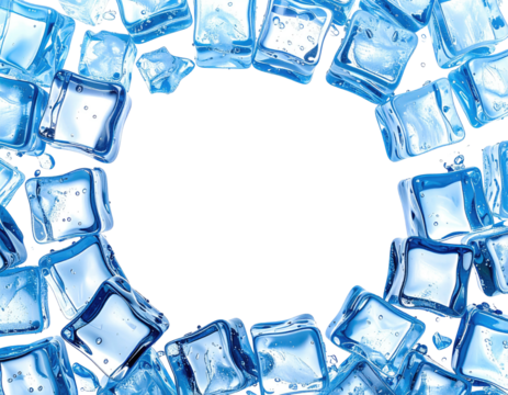 Many translucent ice cubes border a dark circle, creating a cool frame - Powered by Adobe