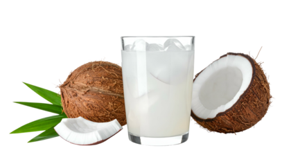 Image of coconut drink in a glass with fresh coconuts and a leaf