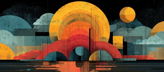 Geometric abstract landscape with layered circles, arches, and reflections