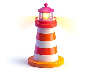 Cartoon lighthouse with alternating red/white stripes, beaming yellow light