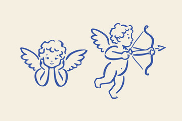 Cupid cherub angels minimal line outline vector illustration