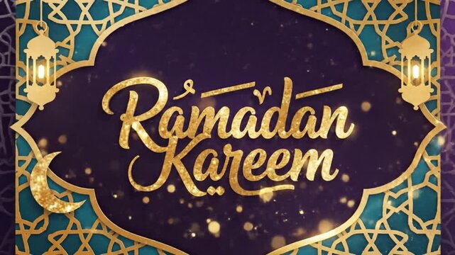 Ramadan Kareem with golden calligraphy mosque patterns crescent moon and lanterns on a blue and gold ornate background