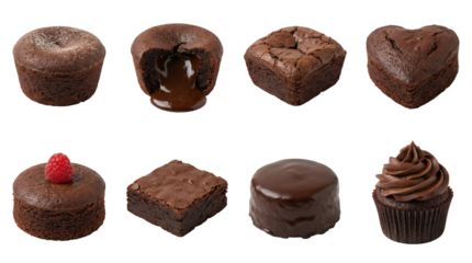 Chocolate dessert set including lava cake, brownie, heart shape cake, cupcake, and raspberry topped truffle isolated. Bakery and confectionery collection.