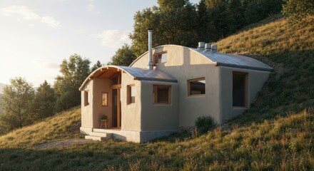 Cozy earth-sheltered home nestled into a hillside, bathed in sunlight