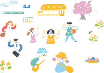 パステルカラーの手描き風タッチで描かれた、春の朝に黄色い屋根の園舎へ期待と不安を胸に登園する子供たちと寂しさを抑えて出社する保護者、笑顔で迎え入れる男性と女性の保育士のベクターイラストセット