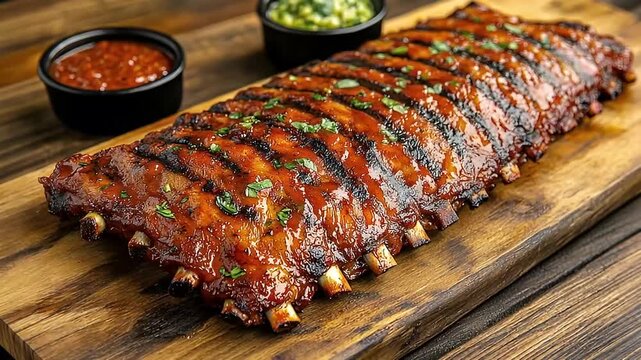 Delicious Barbecue Pork Ribs Glazed With Sweet BBQ Sauce Garnished With Fresh Parsley Served On A Wooden Board With Two Small Bowls Of Dipping 