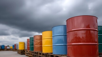 Rows of colorful industrial drums are stored outdoors under a cloudy sky