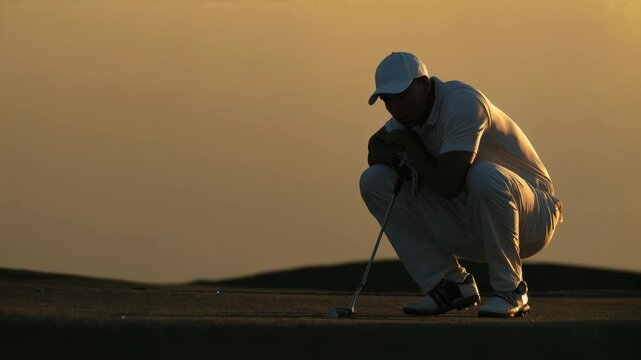 Golfer crouches on green at sunset reading putt line in warm light capturing focus calm and strategic moment of outdoor sports competition