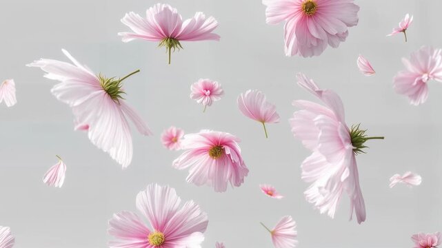Soft pink blossoms float gently in air on pale background creating dreamy romantic floral atmosphere suitable for wedding greeting and feminine beauty themes