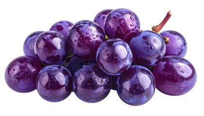 Close-up of a cluster of ripe, glossy, dark purple grapes with water droplets