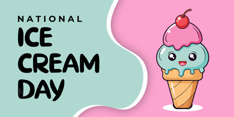 National ice cream day. Design template for banner, poster or card with cute ice cream character. Vector illustration