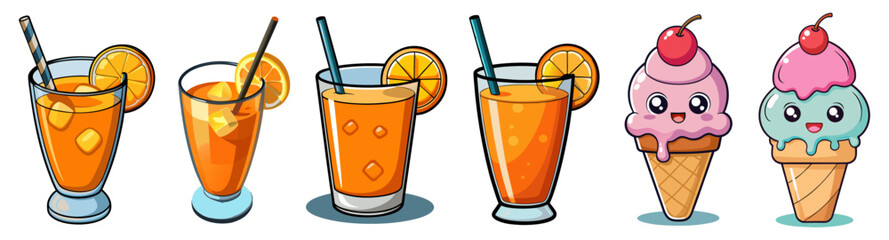 Set of cute with  ice cream and fresh juice characters. Vector illustration