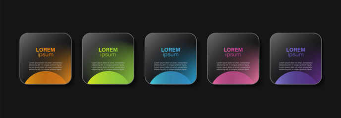 Dark glass horizontal infographic template with 5 step processes. Modern dark design layout for data visualization.