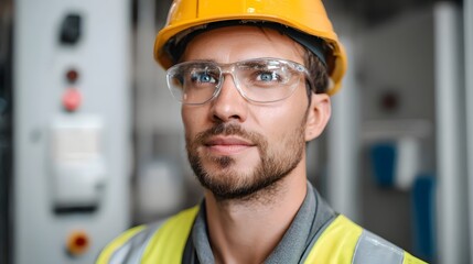 A focused male engineer wearing a yellow hard hat and safety glasses in an industrial facility
